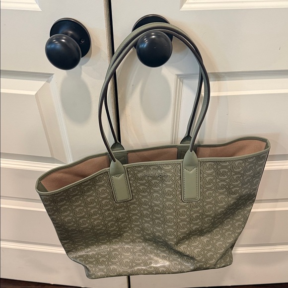 Michael Kors Olive Green MK Logo Coated Canvas Tote - Picture 4 of 5